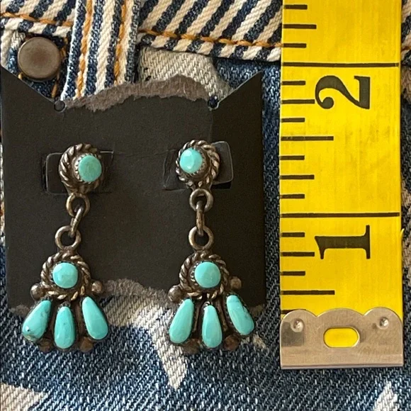 Native American Zuni, Sterling, silver Turquoise Dangle Earrings - Picture 4 of 5
